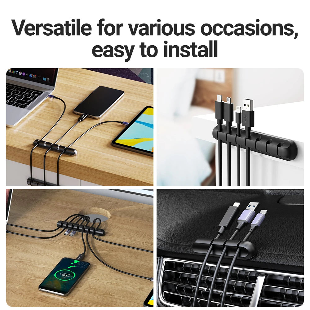 Black adhesive cable holder clips organizing multiple charging cables on surfaces