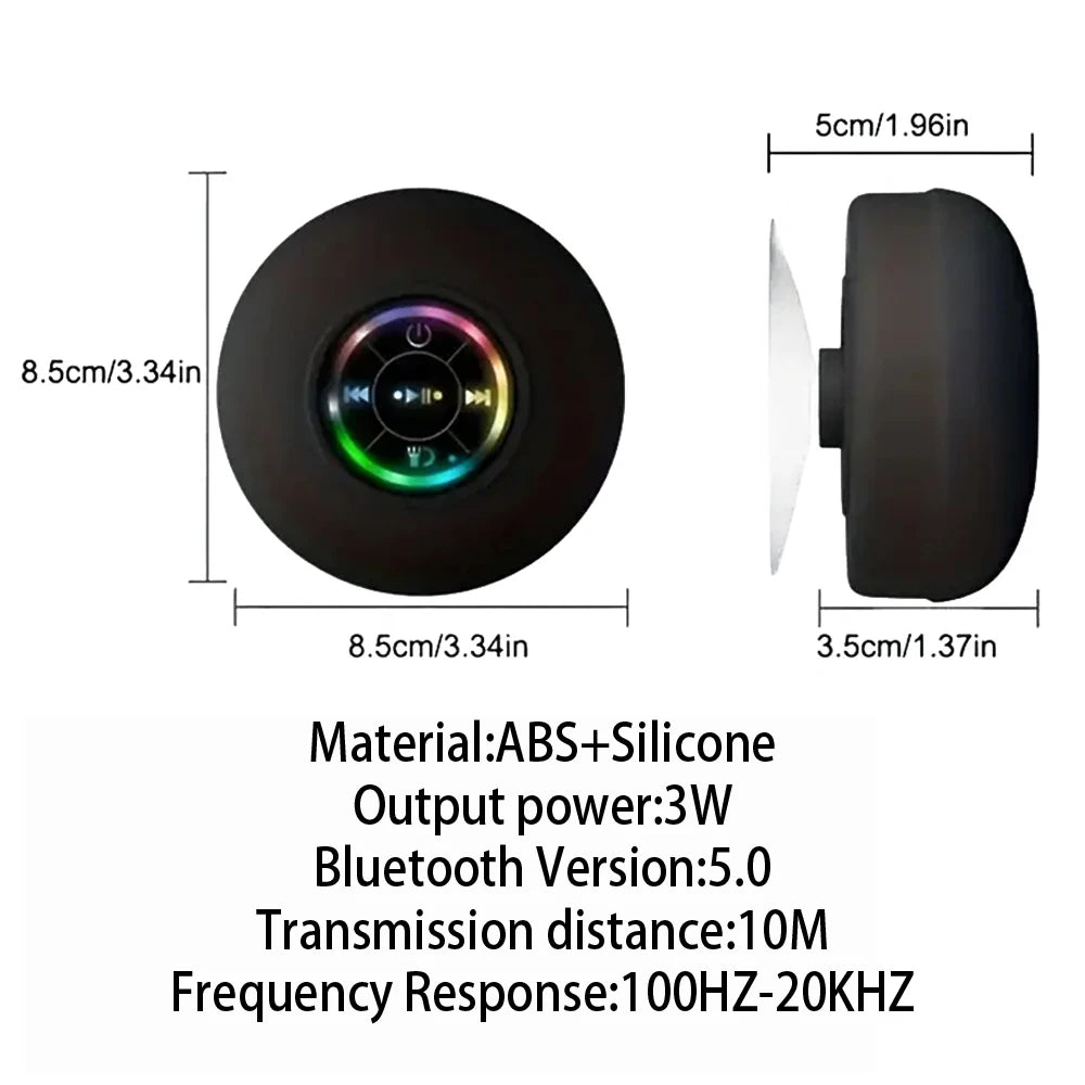 Black Bluetooth speaker shown front and side view with RGB ring, suction-cup style body