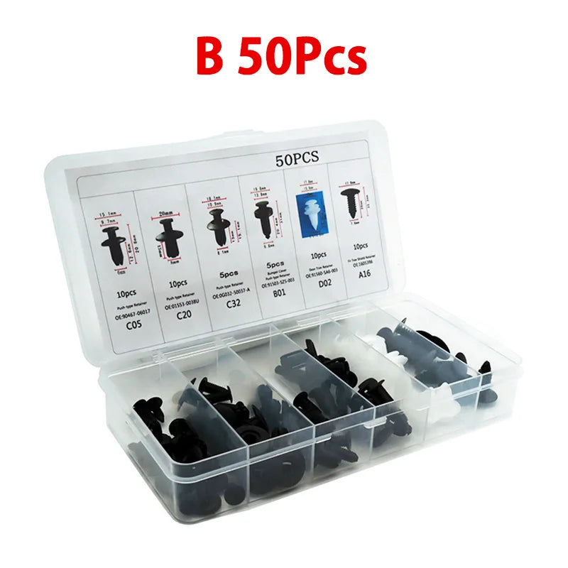Auto push retainer clip kit 50PCS in clear organizer, black push pin fasteners