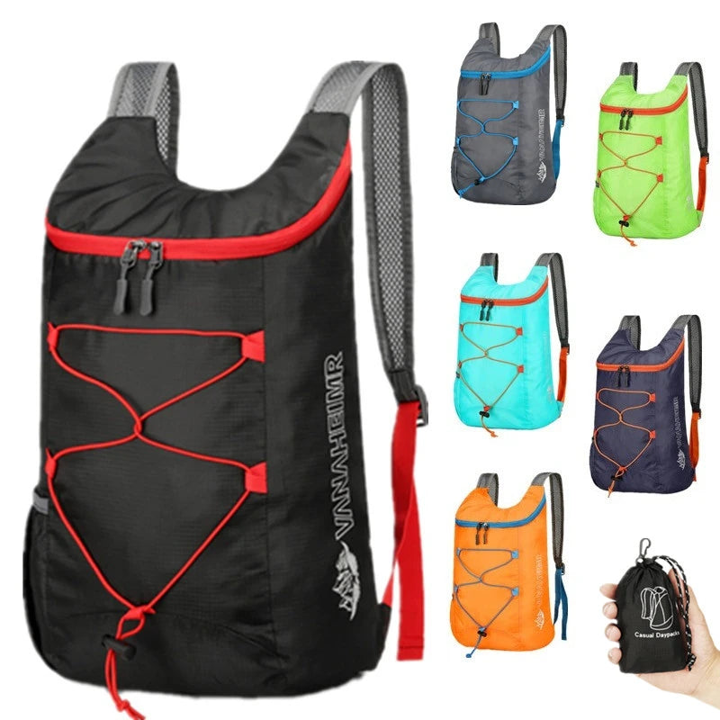 Folding backpacks in multiple colors, each with red-trim accents and mesh shoulder straps