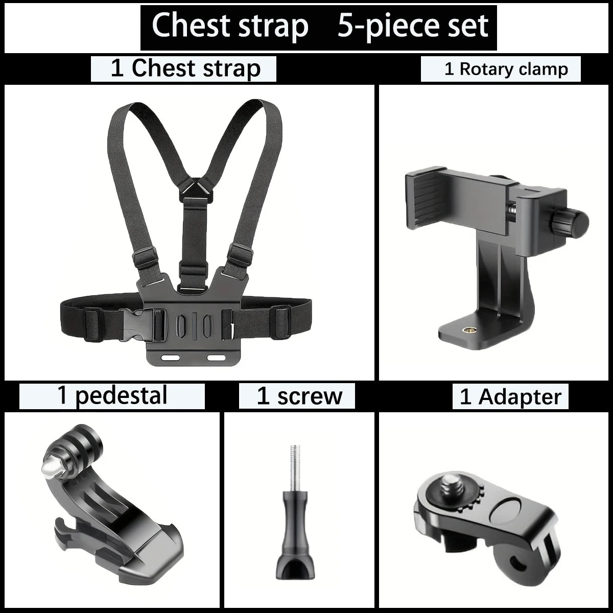 Chest strap 5-piece set with dark gray harness and rotary clamp plus mount accessories