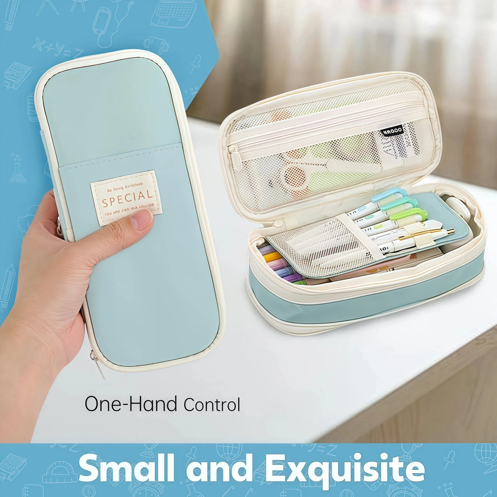 Sky blue pencil case with matching beige zipper and front label patch