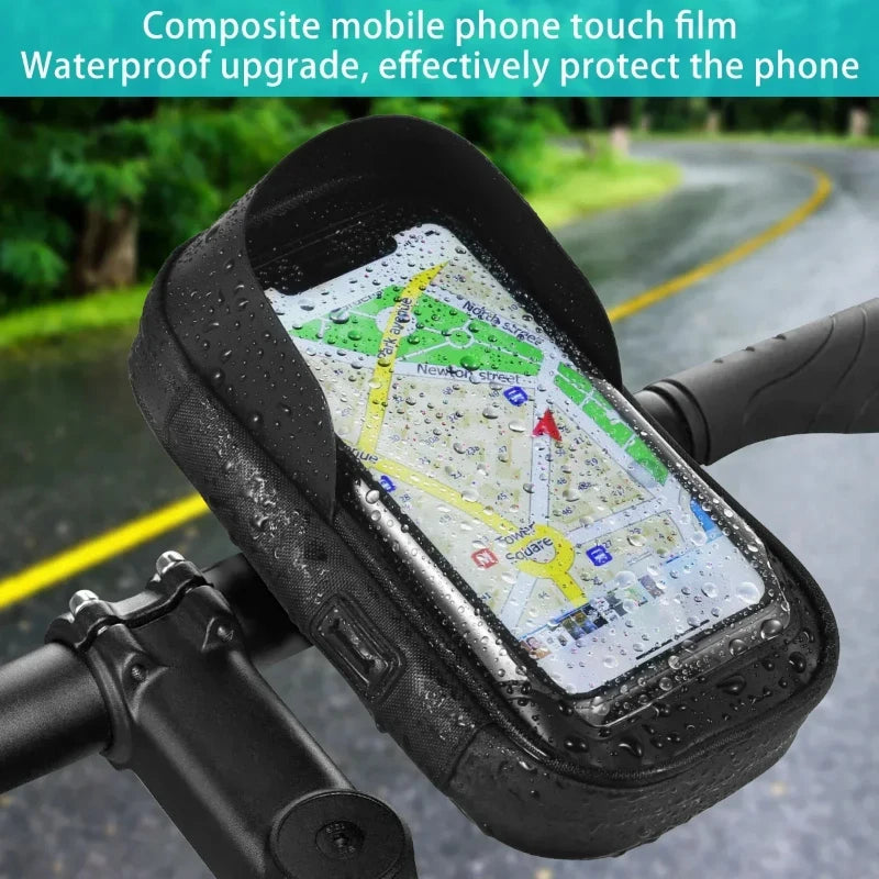 Waterproof phone holder case with clear map window, black, with drops on screen