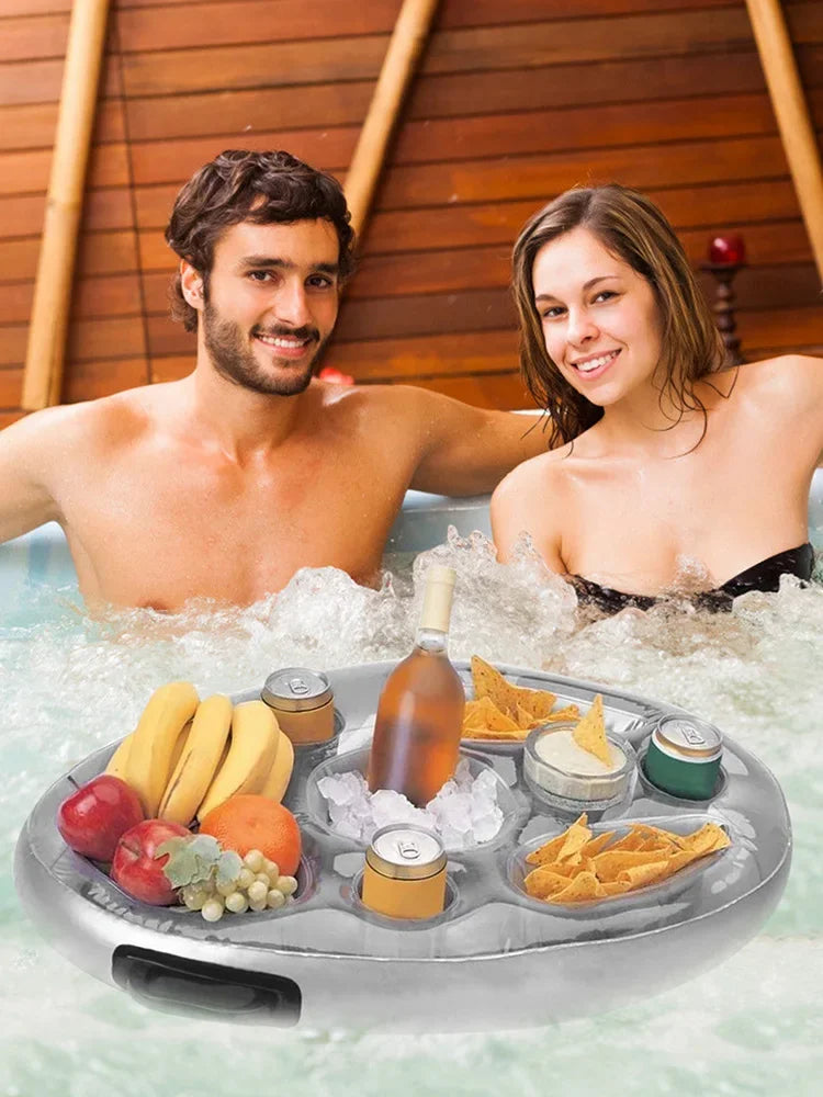 Gray inflatable drink cooler float tray with cup holders for poolside drinks