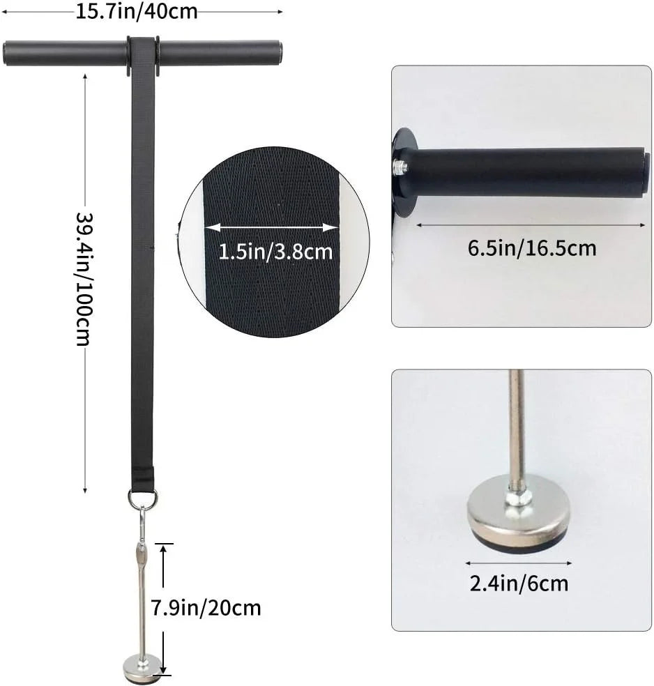 Forearm trainer size diagram with black handle bar and rope strap with hook
