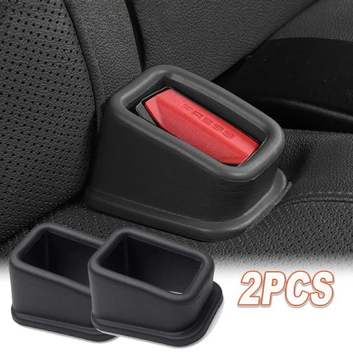 Black seat belt buckle slot protective cover set (2 pcs) with red buckle insert guard