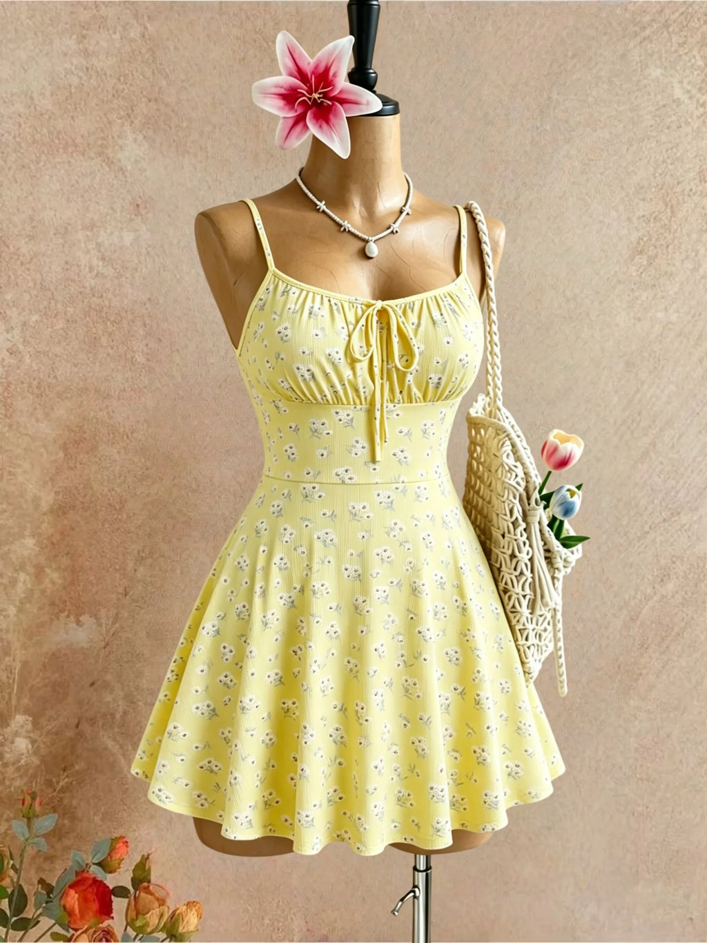 Yellow ditsy floral spaghetti-strap mini skater dress front with tie at waist