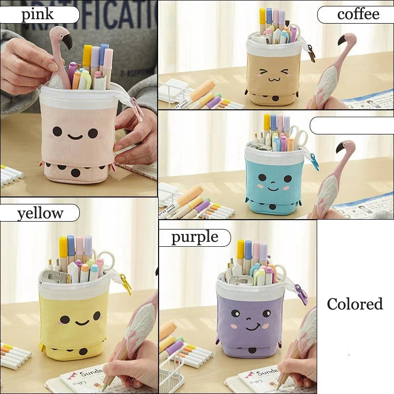 Cat face zip pencil pouches in pink, yellow, purple, and coffee tones