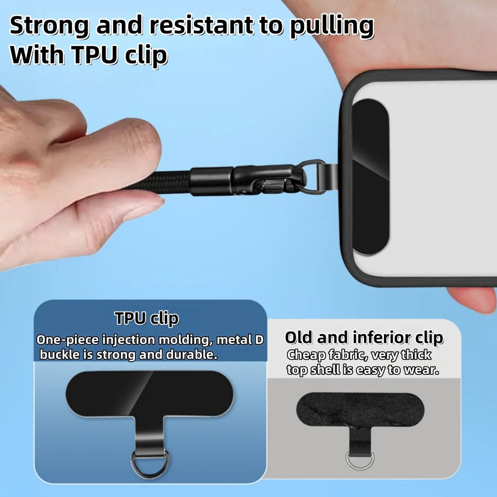 Black adjustable mobile phone lanyard with TPU clip and self-locking buckle.