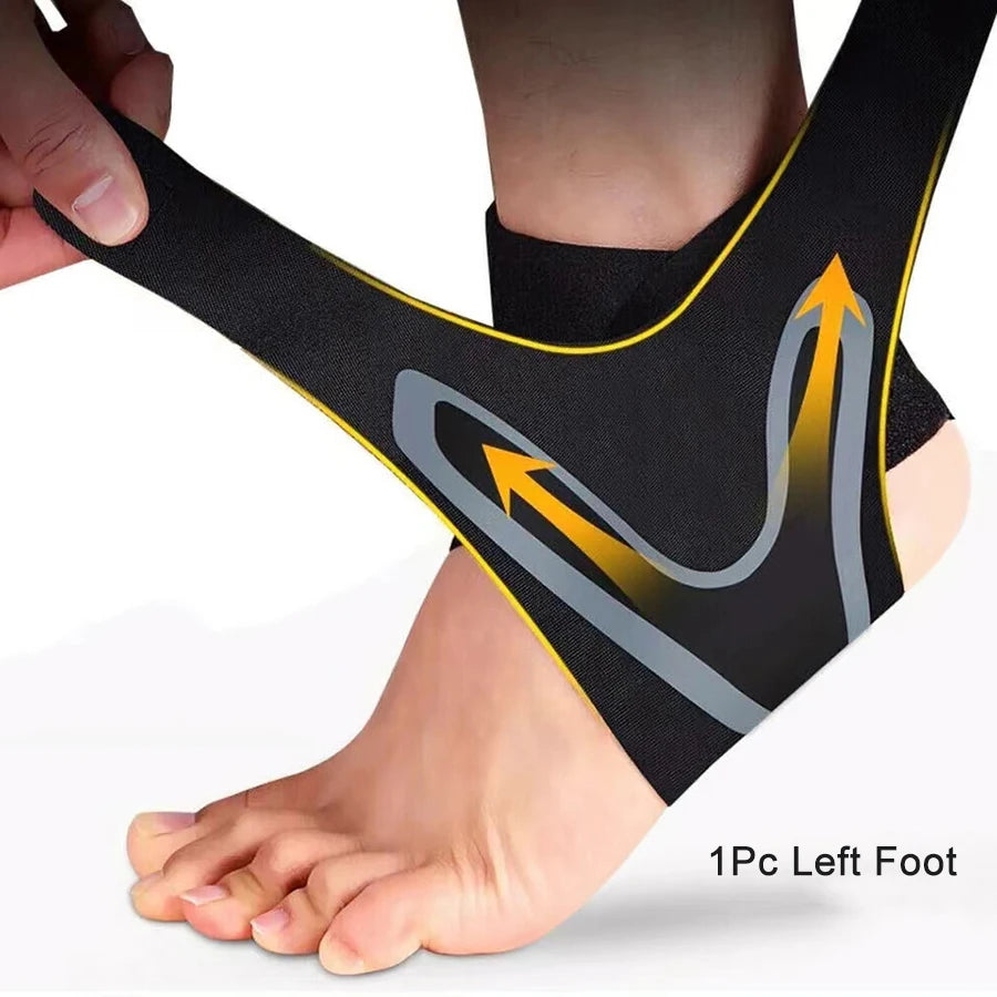 Black ankle compression sleeve with yellow trim and gray logo on left foot
