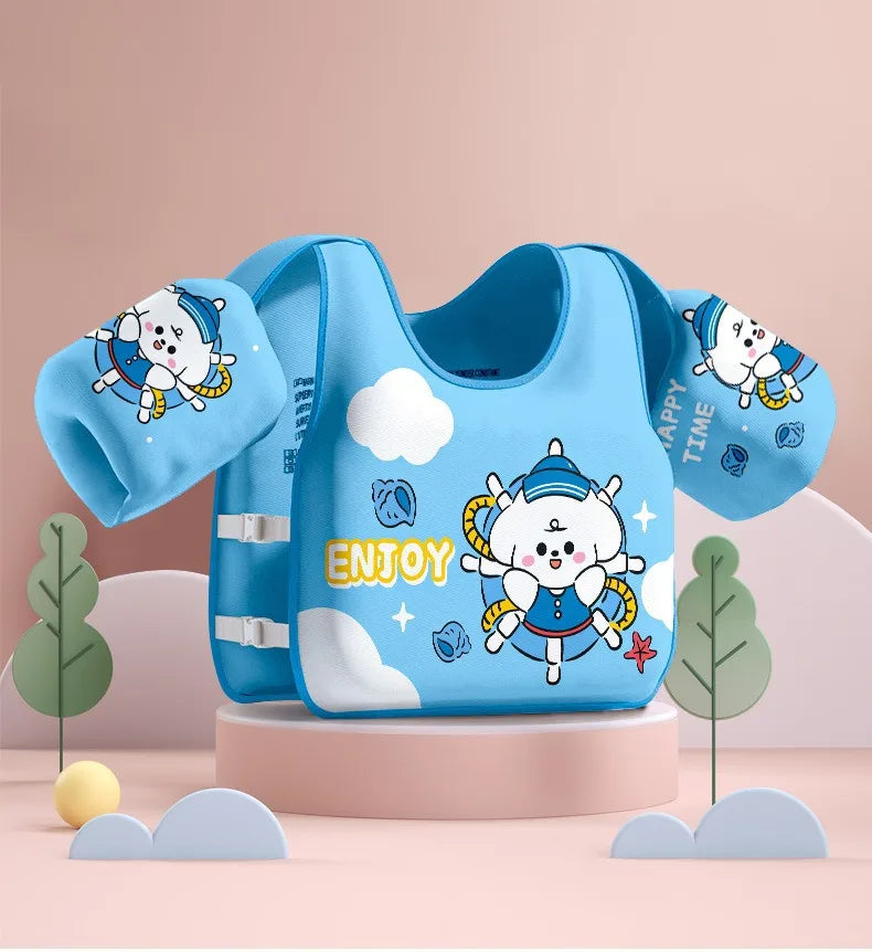 Light blue kids swim buoyancy vest with cartoon animals, short arm float sleeves, front buckle