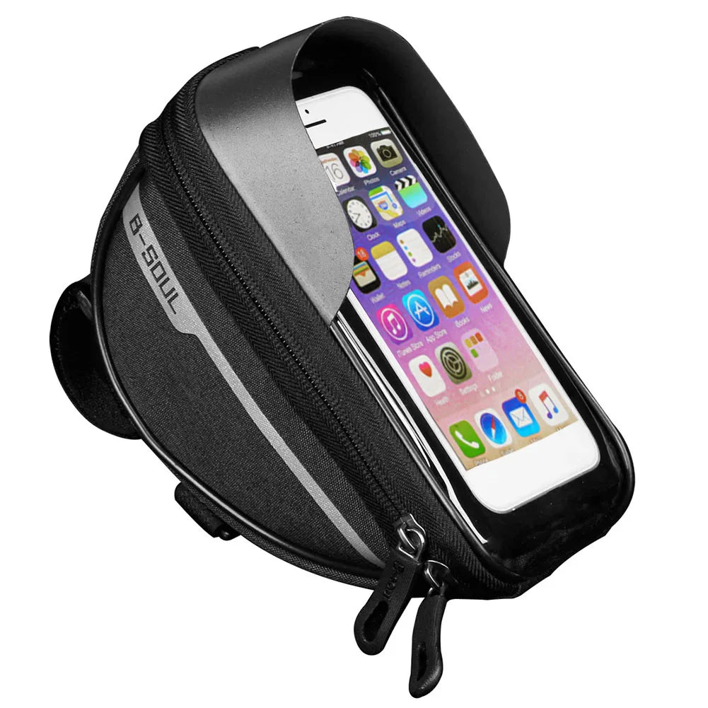 Black bike handlebar touch-screen phone bag with clear front window and side strap