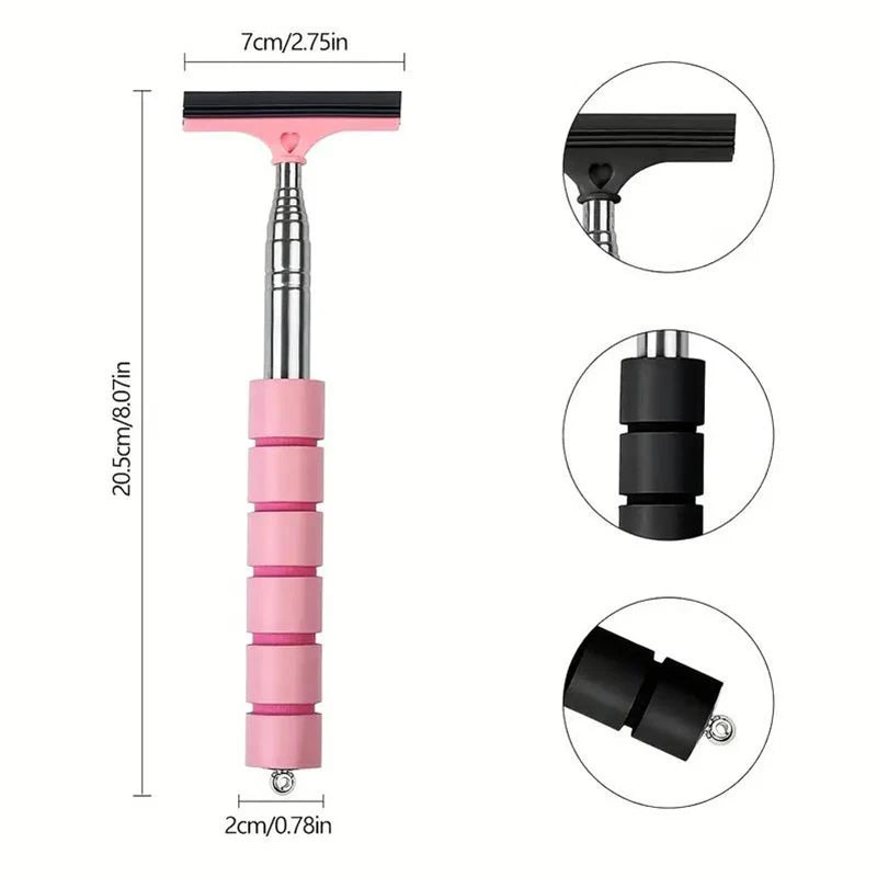 Pink telescopic rearview mirror scraper with black rubber wiper head and stacked extension