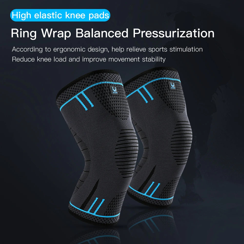 Pair of black compression knee sleeves with blue accents, breathable knit support