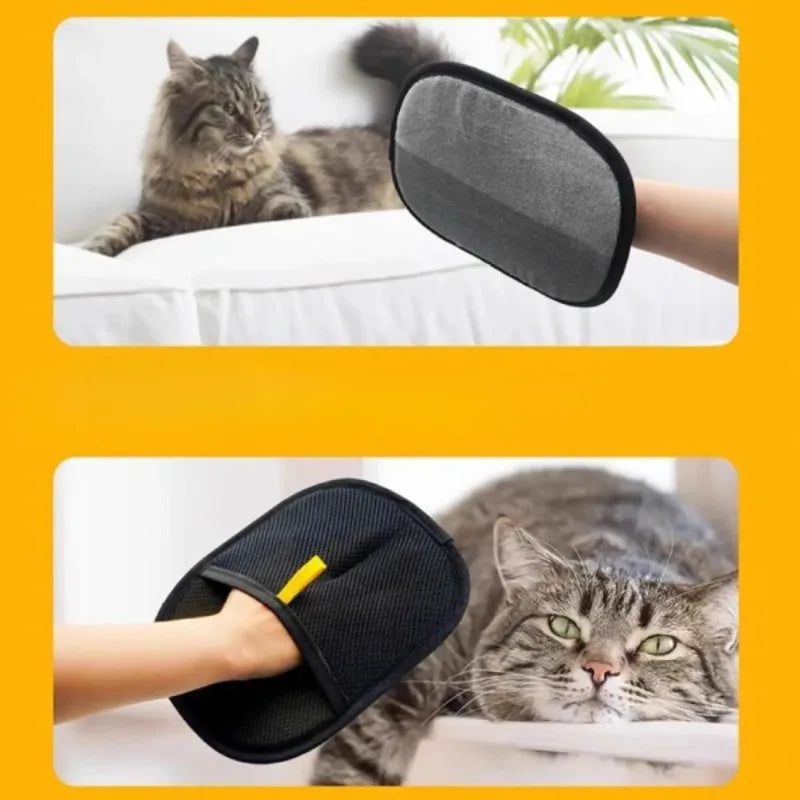 Black grooming glove worn on arm, textured circular brushing surface with yellow marker