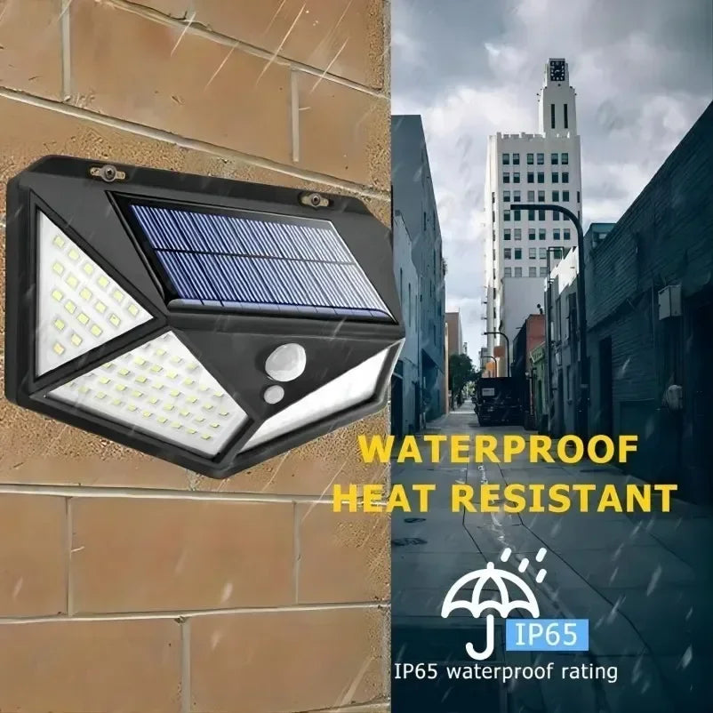 Wall-mounted black solar motion sensor spotlight with large solar panel and LED arrays
