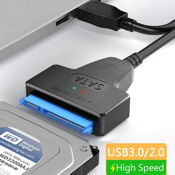 SATA to USB 3.0 adapter cable with 22-pin connector, black housing, blue status LED