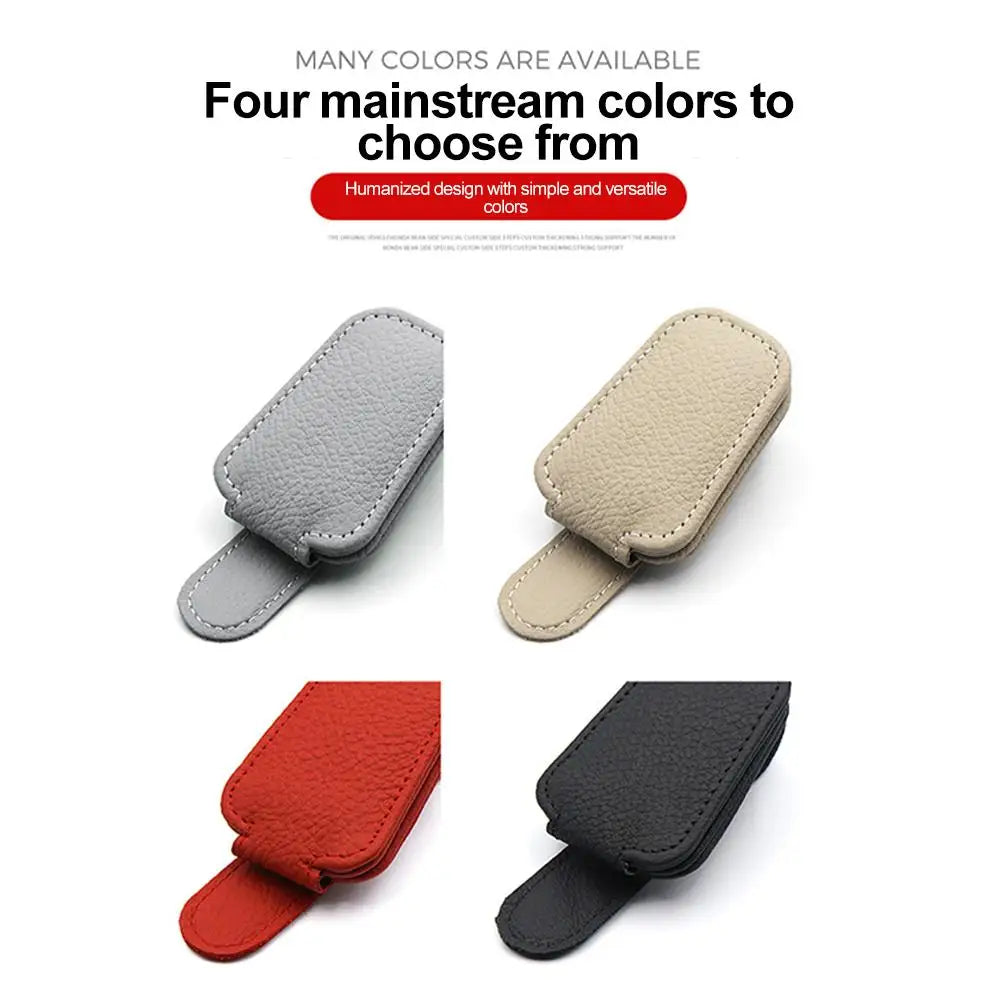 Car sunglasses clip holder colors: gray, beige, red, and black with side loop