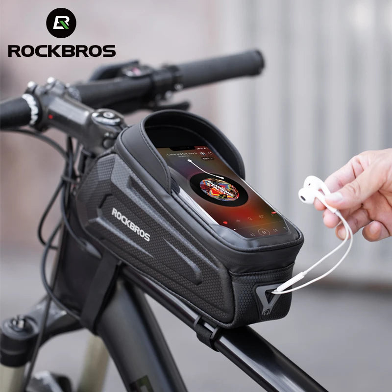 ROCKBROS waterproof bike frame phone bag with touch-screen window on handlebar mount