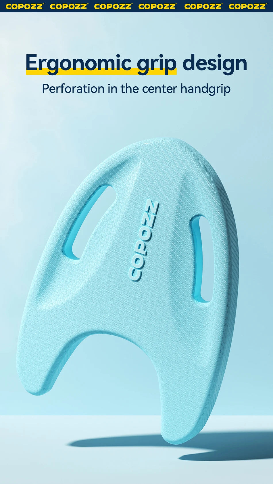 Light blue EVA swimming floating board ergonomic grip with center perforation and handles