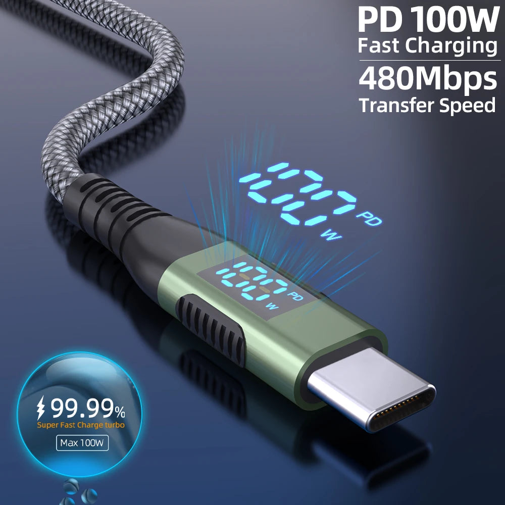 Green USB-C to USB-C braided charging cable with LED indicator window near connector