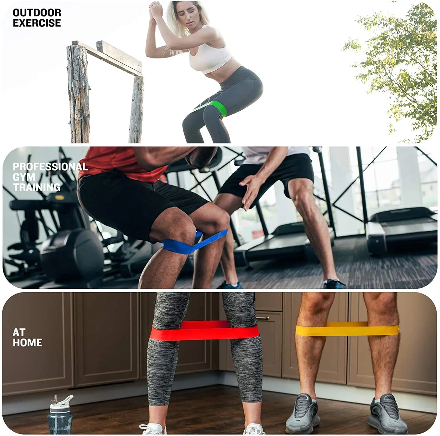 Red resistance loop band across thighs with squatting and leg workout poses