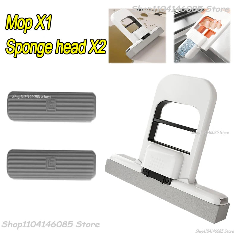 Foldable desktop sponge mop with black handle and two gray replacement heads