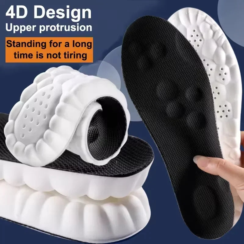 Shock-absorbing running shoe insoles in black and white, with textured cushioning top