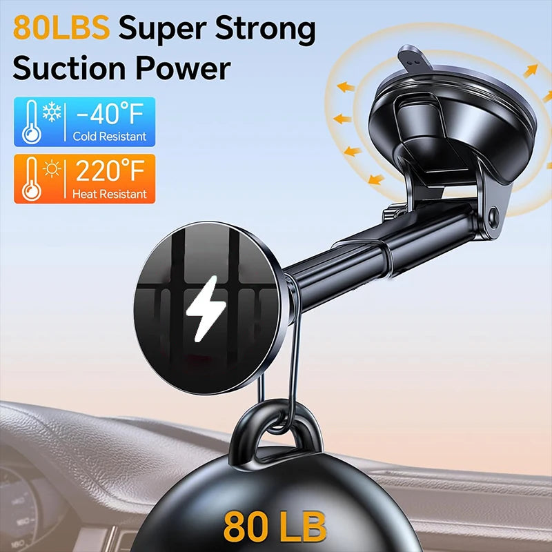 Black magnetic car phone charger holder with strong suction cup and hanging arm
