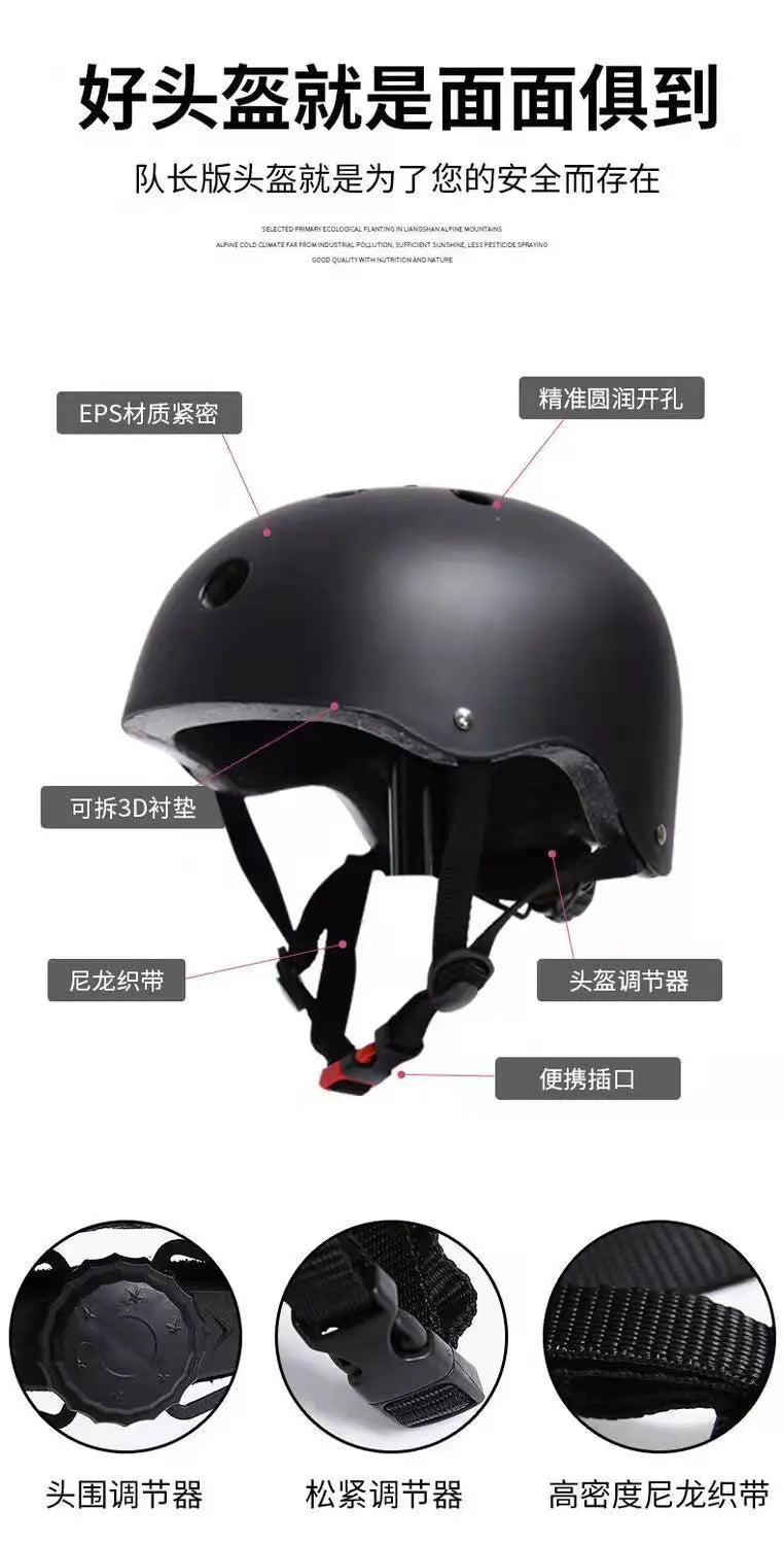 Kids bike helmet, glossy black; close-up of ABS/EPS construction and straps.