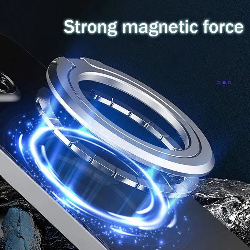 Silver magnetic phone ring holder with glowing magnetic attraction effect