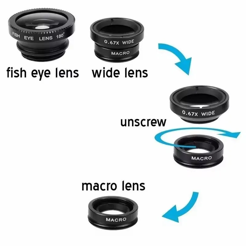 Black detachable camera lenses: wide-angle unscrews to reveal macro lens