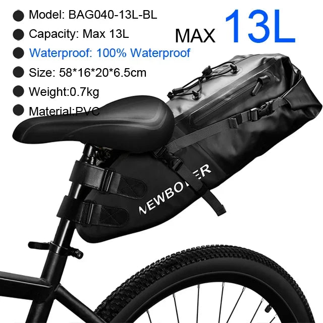 Black waterproof bike saddle bag with wide mounting straps and zipper cover, max 13L