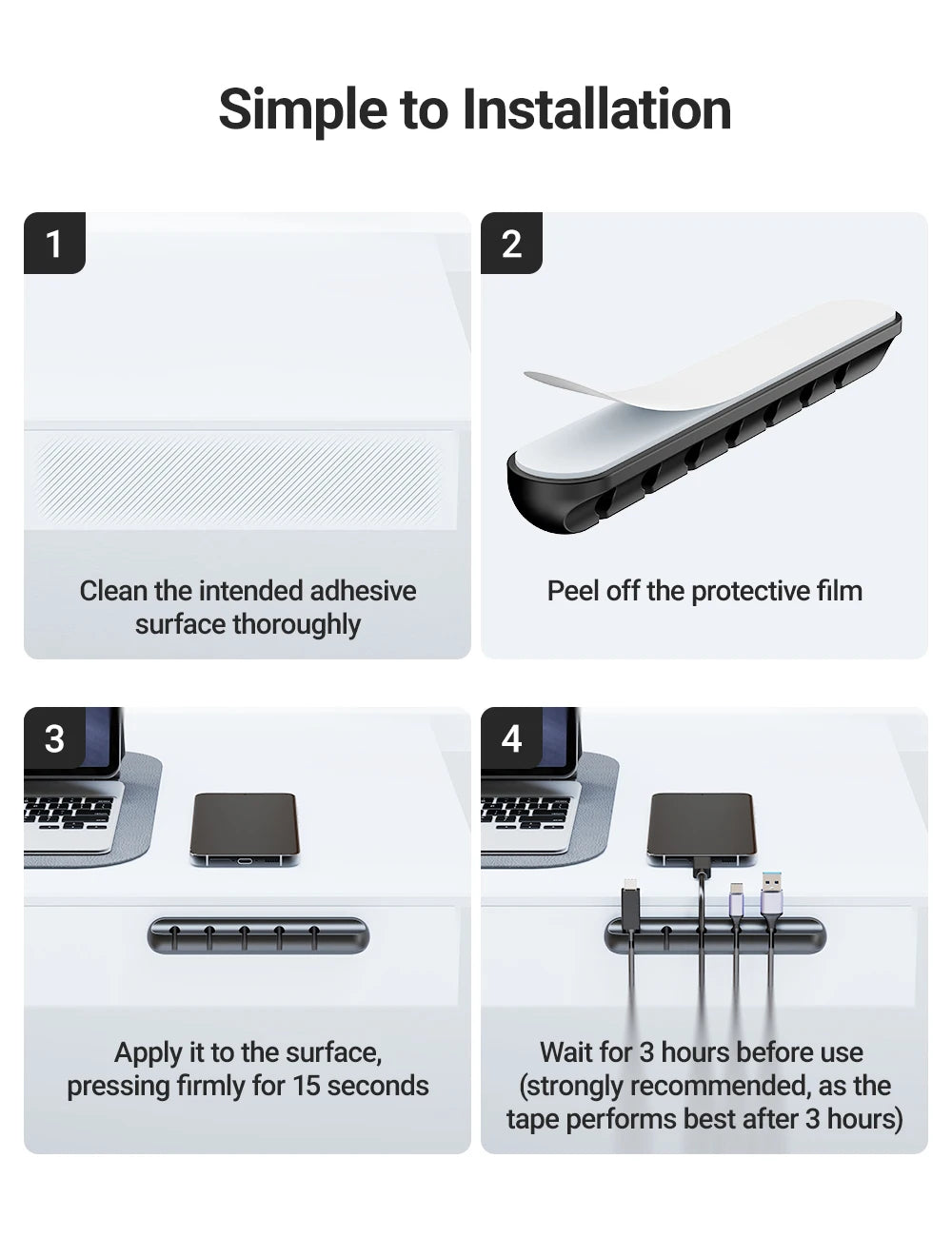 Black adhesive cable organizer clip bar for simple peel-and-stick cord management