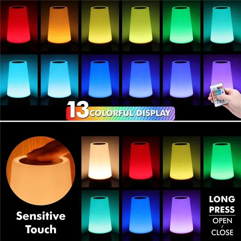 Color-changing touch night lamp showing multi-color glowing modes.