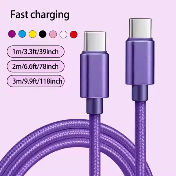 Purple USB-C to USB-C fast charging data cable with braided exterior and Type-C connectors