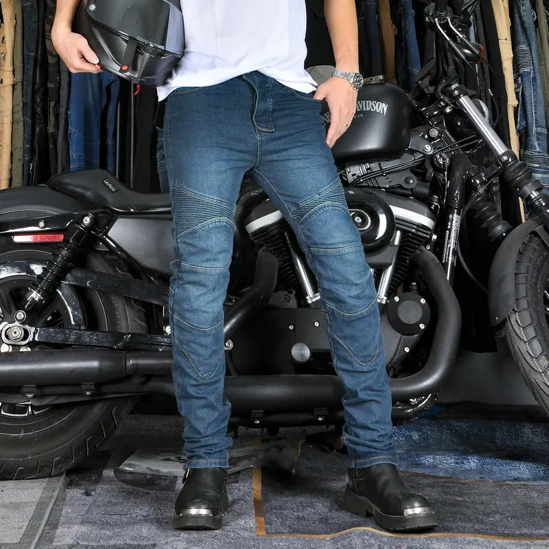 Light blue riding jeans with stitched protection panels and padded knees