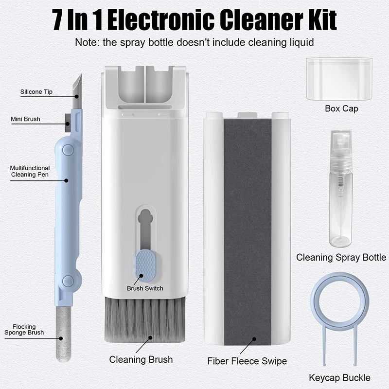 7-in-1 electronic cleaner kit layout showing brush, pen, and fiber fleece swipe