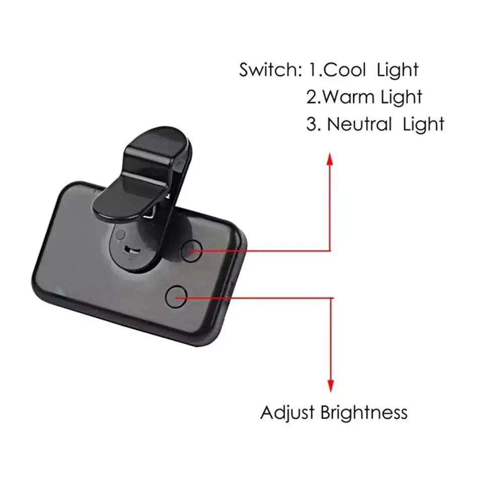 Adjustable clip-on LED selfie light with brightness control dials and rectangular diffuser