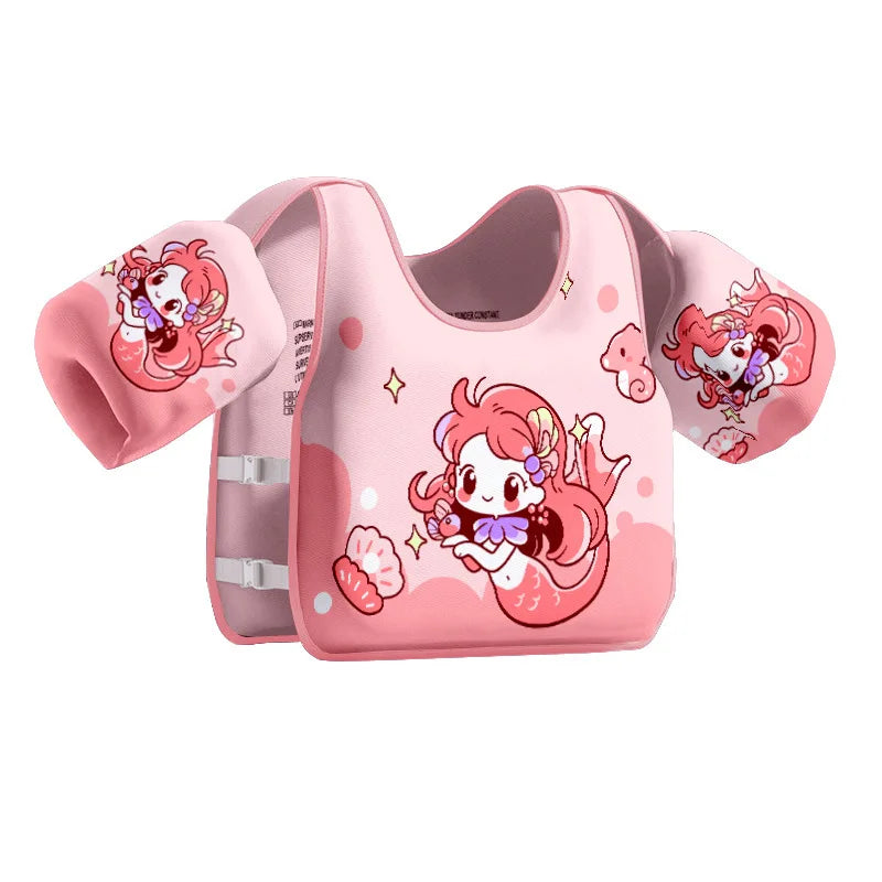 Pink kids swim buoyancy vest with cartoon mermaid character, short arm float sleeves, front straps