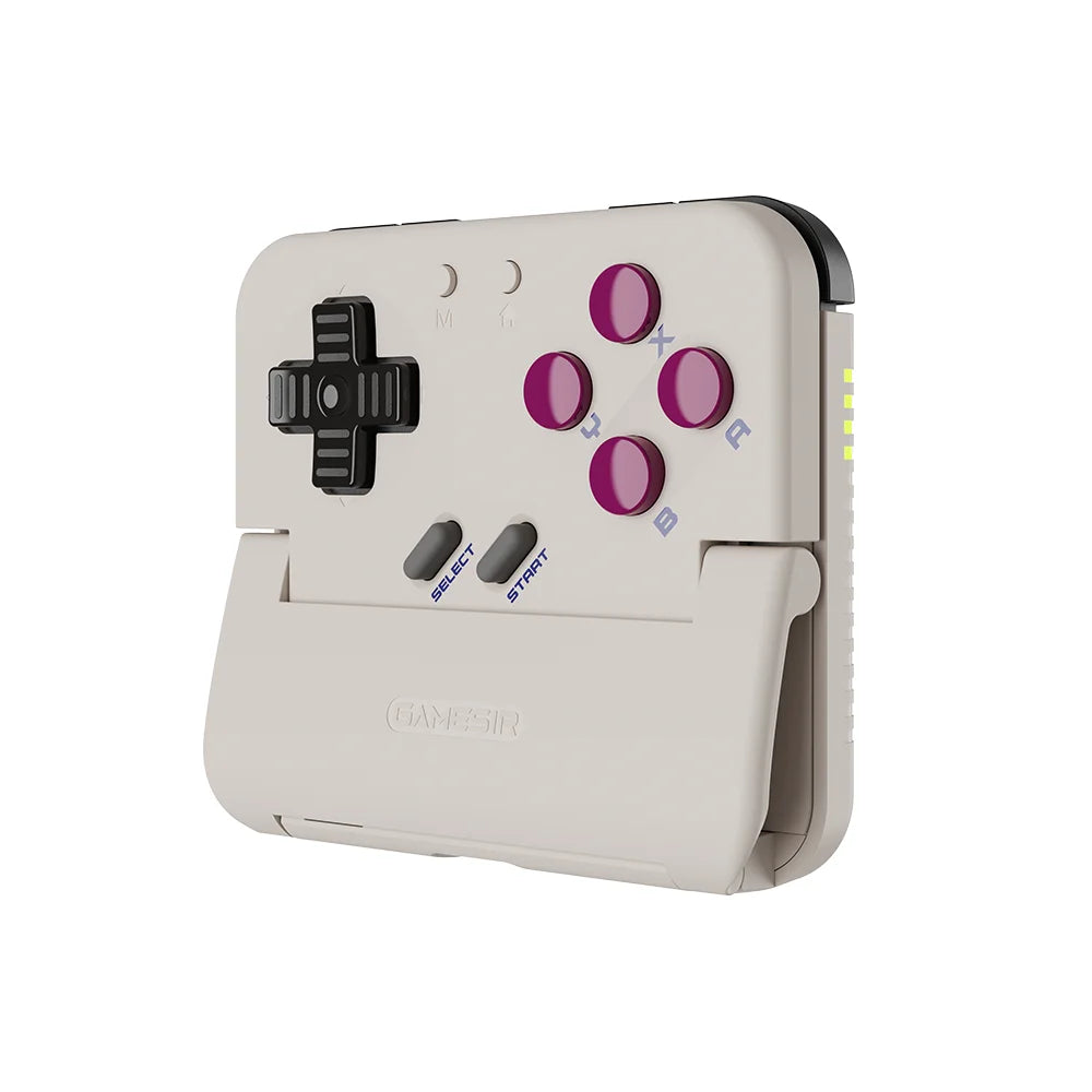 White pocket gaming controller with purple ABXY buttons and left D-pad
