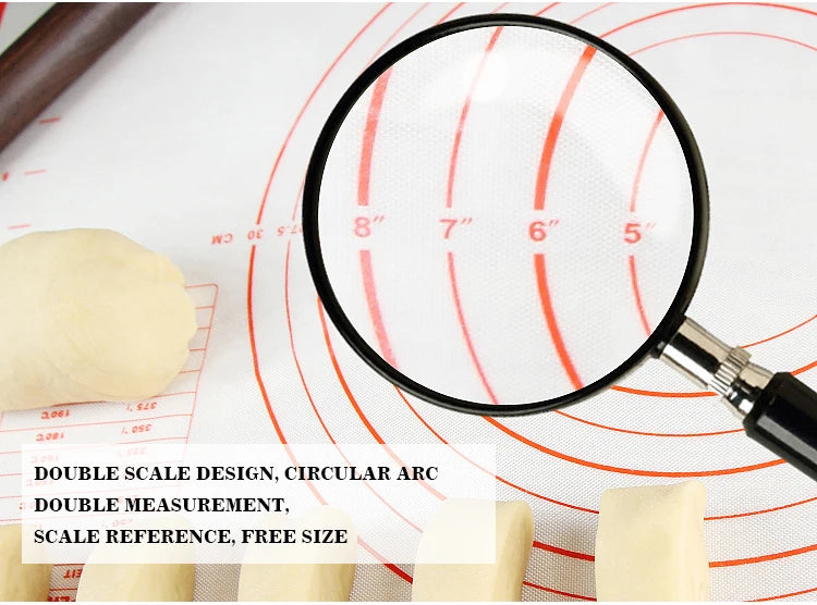 Silicone baking mat with dual scale measurement circles, flour dough on surface
