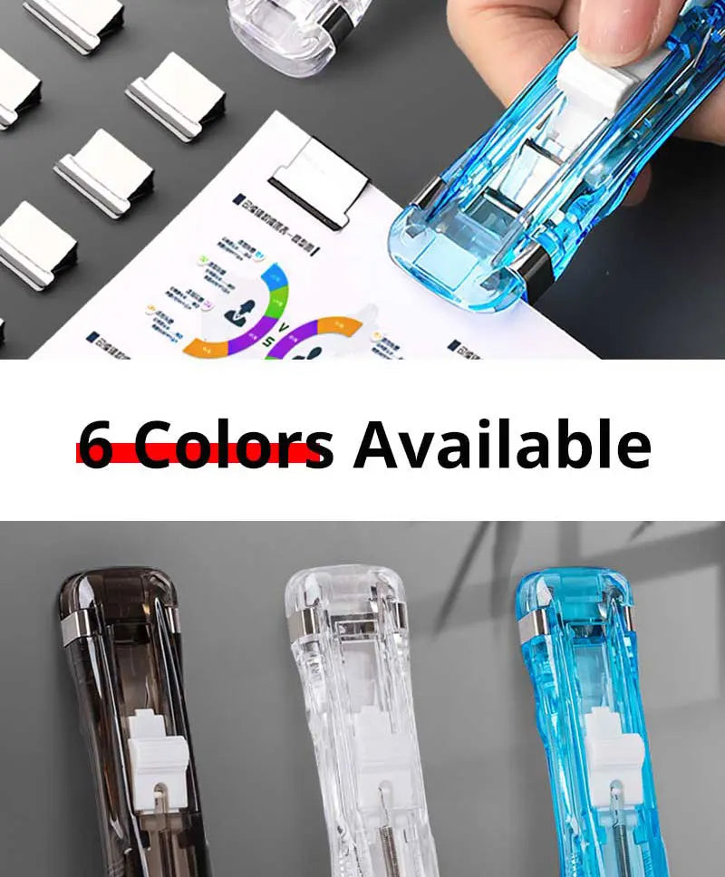 Reusable push paper stapler clamps in blue and clear with spare metal staples