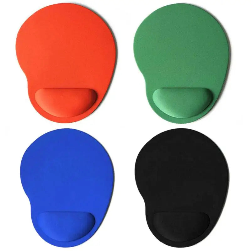Assorted mouse pads with wrist rests: orange, green, blue, black, on white