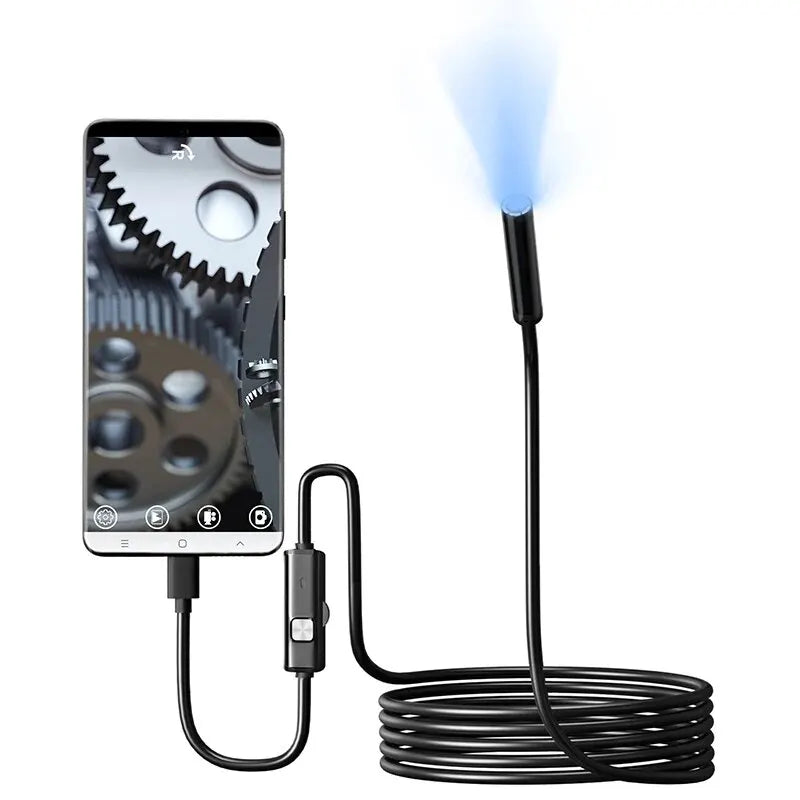 TYPE-C endoscope camera with flexible cable and coiled USB cable, black controller