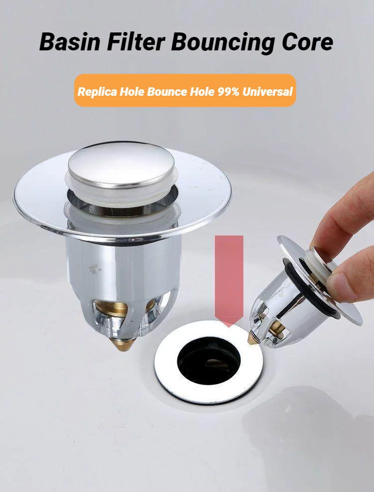 Chrome pop-up drain stopper with hand lifting core and inner opening visible