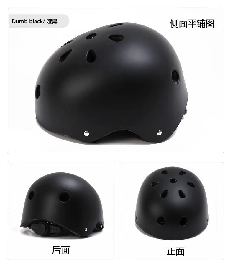 Kids bike helmet color option: matte black shown from side, front, and back views.