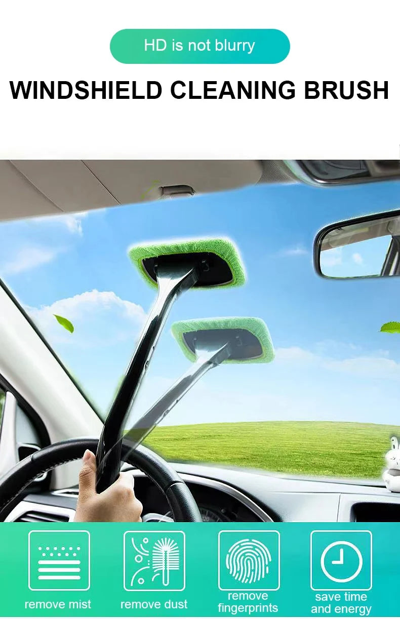 Windshield cleaning brush with green microfiber pads for wiping car windshield
