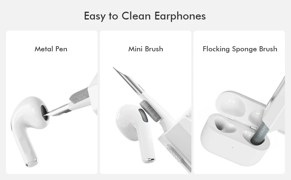 Earphone cleaning set with metal pen, mini brush, and foam sponge