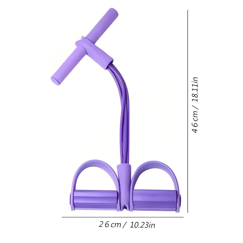 Purple four-tube pedal resistance band with two foot pedals and upright padded handle.